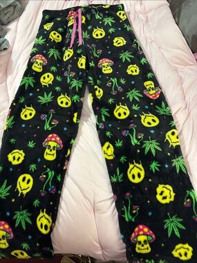Women Black Fleece Pajama Pants with Neon Mushroom & Smile Print